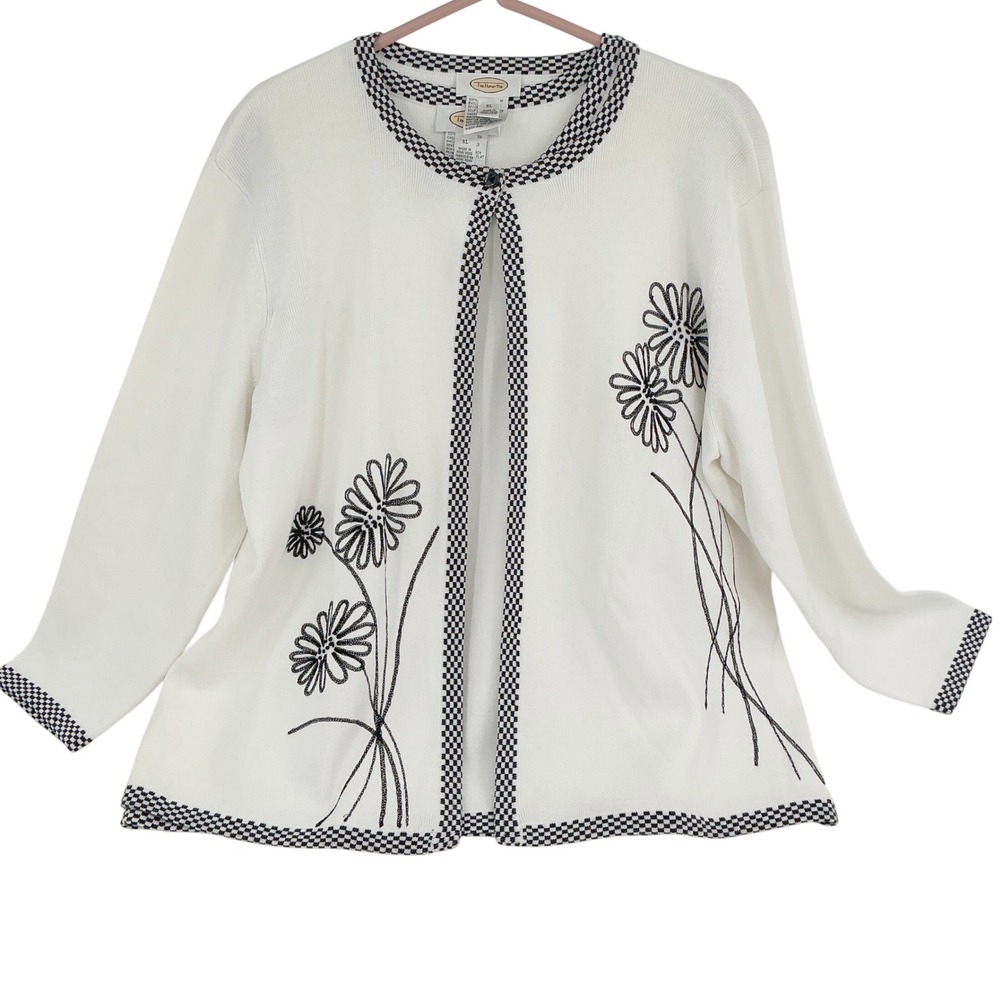 Womens Vintage Talbots Cardigan Set XL White Black Floral Embroidered Twinset